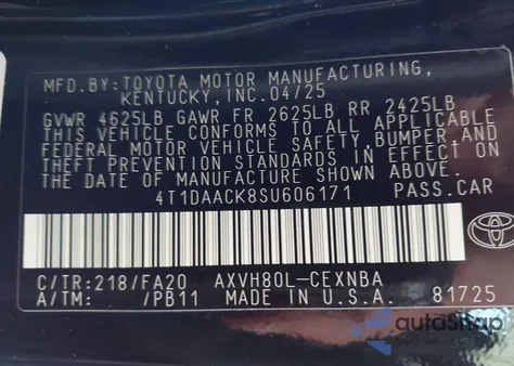 2025 Toyota Camry Le z USA, uszkodzony, nr VIN 4T1DAACK8SU606171